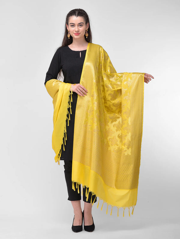 Silkfab Women's Banarasi Silk Dupatta Shikargah Cuckoo L. Yellow
